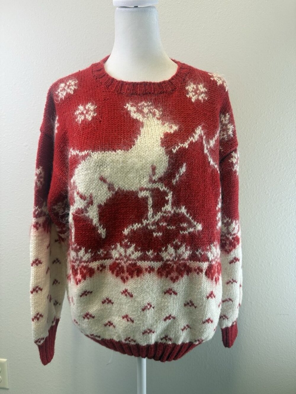 Studio Michelle Stuart Hand Knit Wool Blend Red White Reindeer Holiday Sweater S